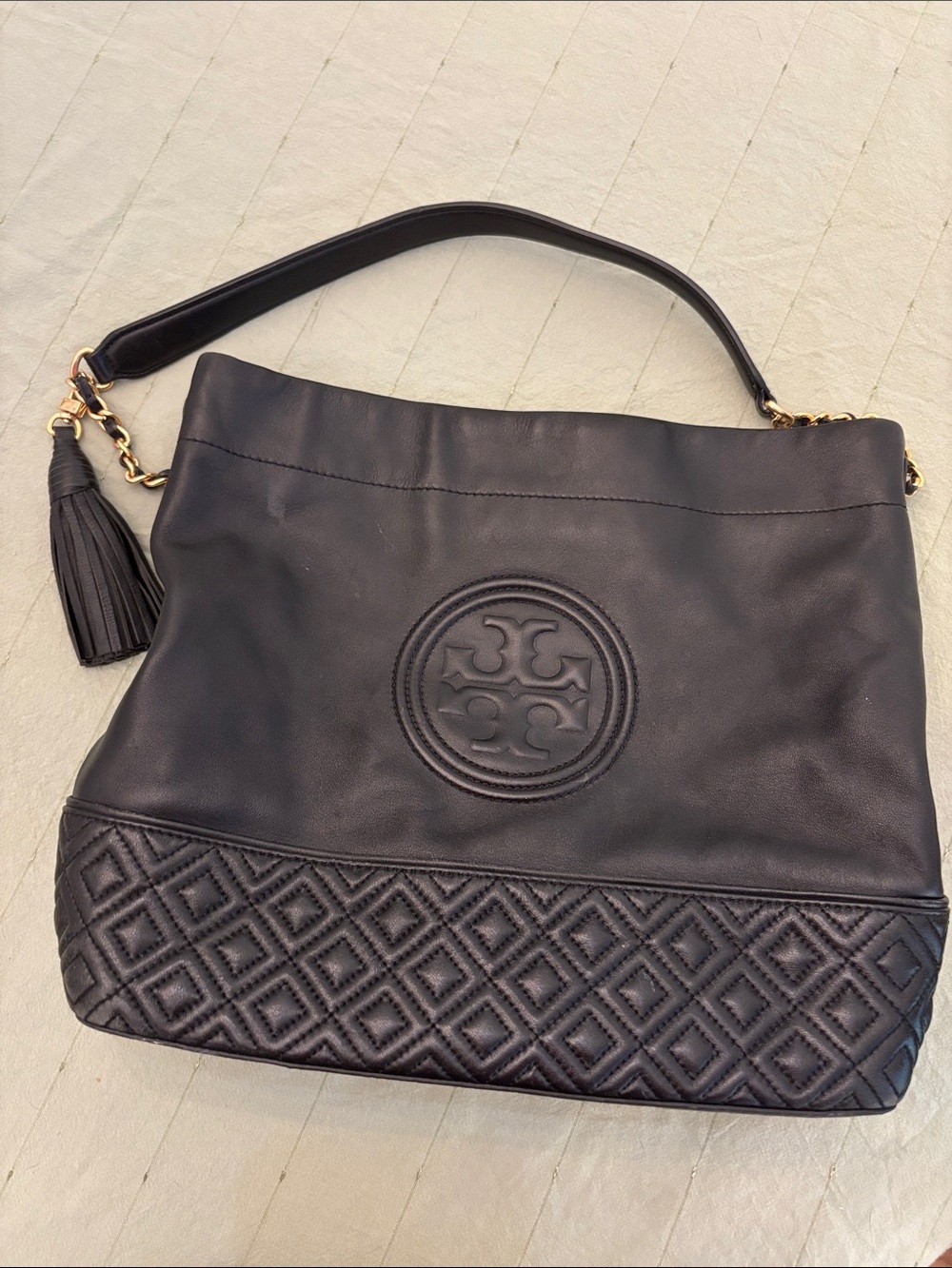 Black Tory Burch Quilted Leather Tassel Slouch Bucket Bag Purse
